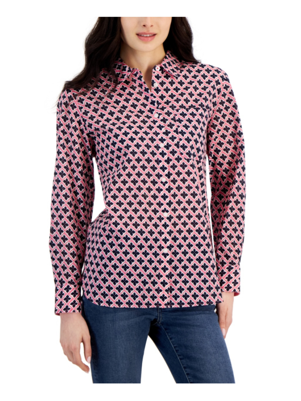 Nautica Women's Size Extra Small Pink and Navy Diamond Printed Knit Blouse NWT